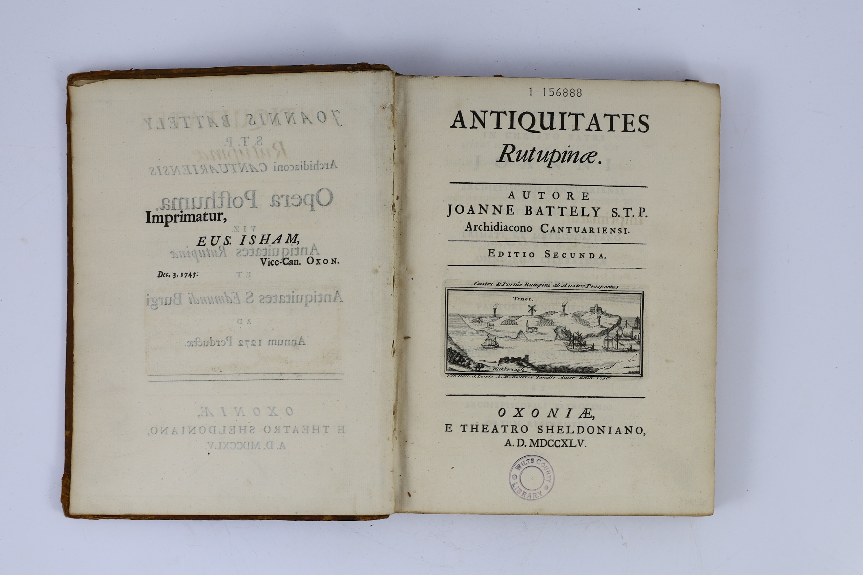 KENT: Battely, John - Antiquitates Rutupinae. editio secunda. title vignette, 4 maps and 8 plates (some folded); issued with (Same Author) - Antiqitates S. Edmundi Burgi ad Annum MDCCLXII. Perductae. 2 plates and folded